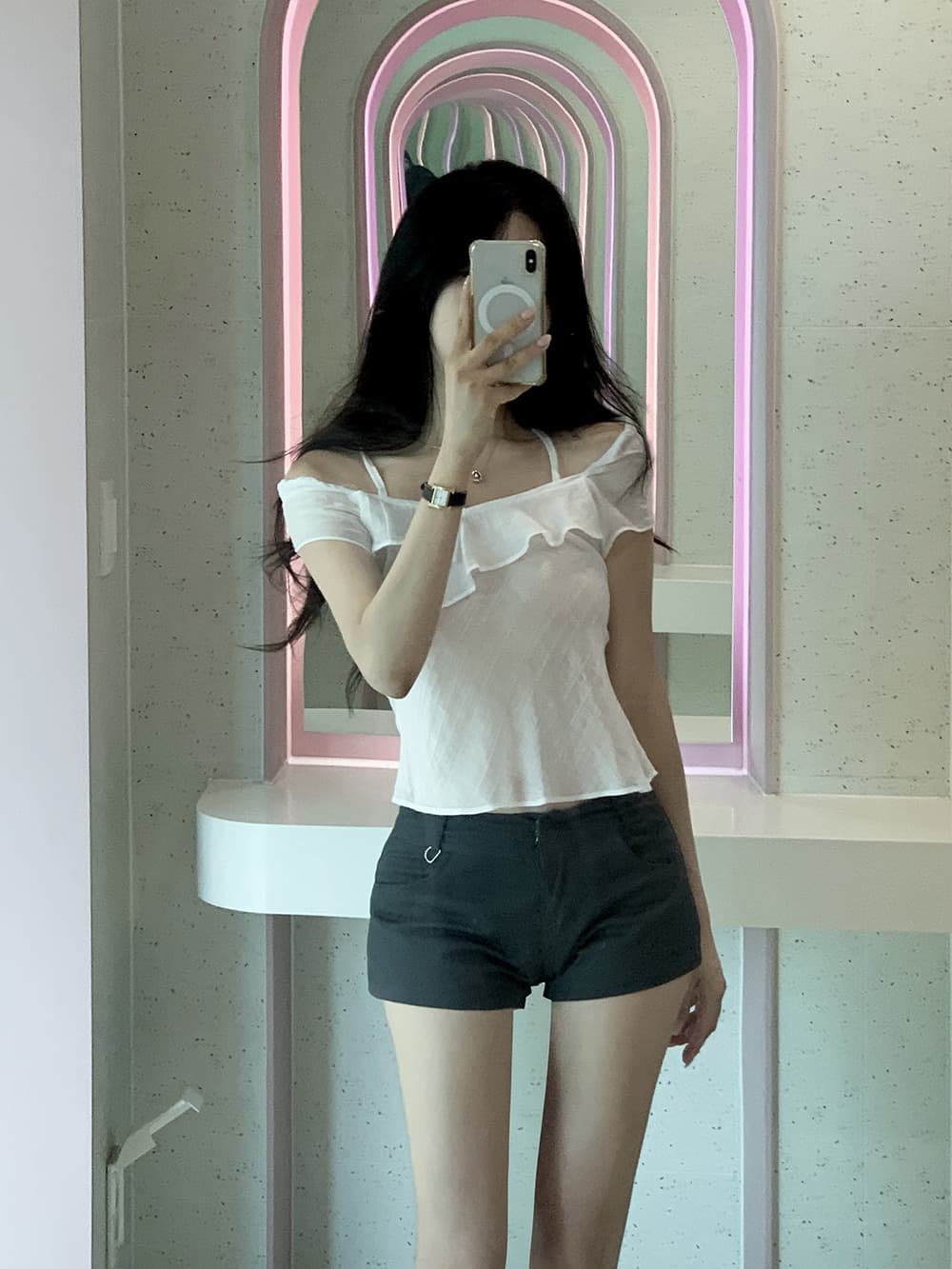 한 부서 동대문 오프숄더 행침 목 프릴 쇼트 스타일 품격 몸매 가꾸기 쉬폰 톱 상세 이미지 6