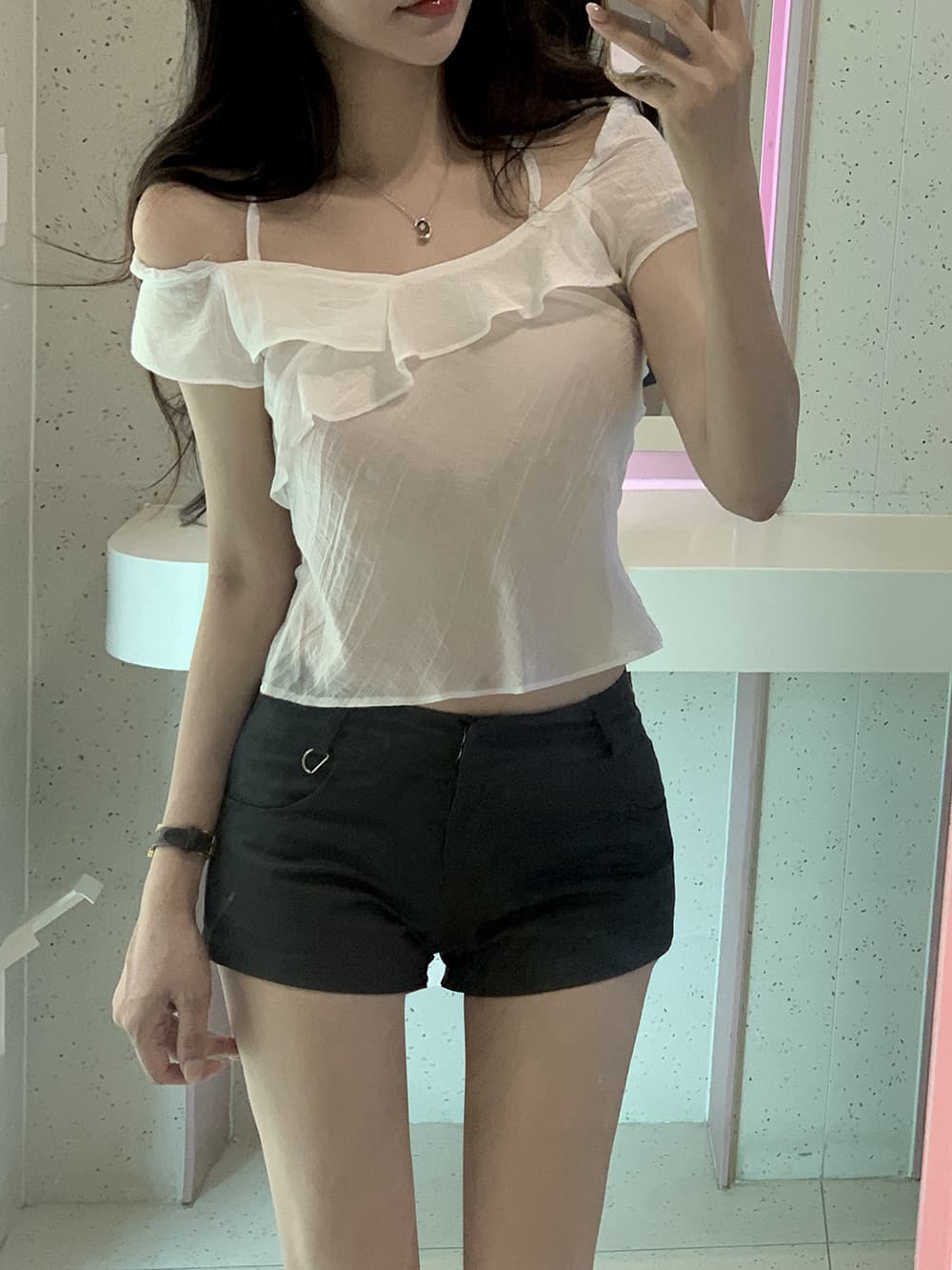 한 부서 동대문 오프숄더 행침 목 프릴 쇼트 스타일 품격 몸매 가꾸기 쉬폰 톱 상세 이미지 7