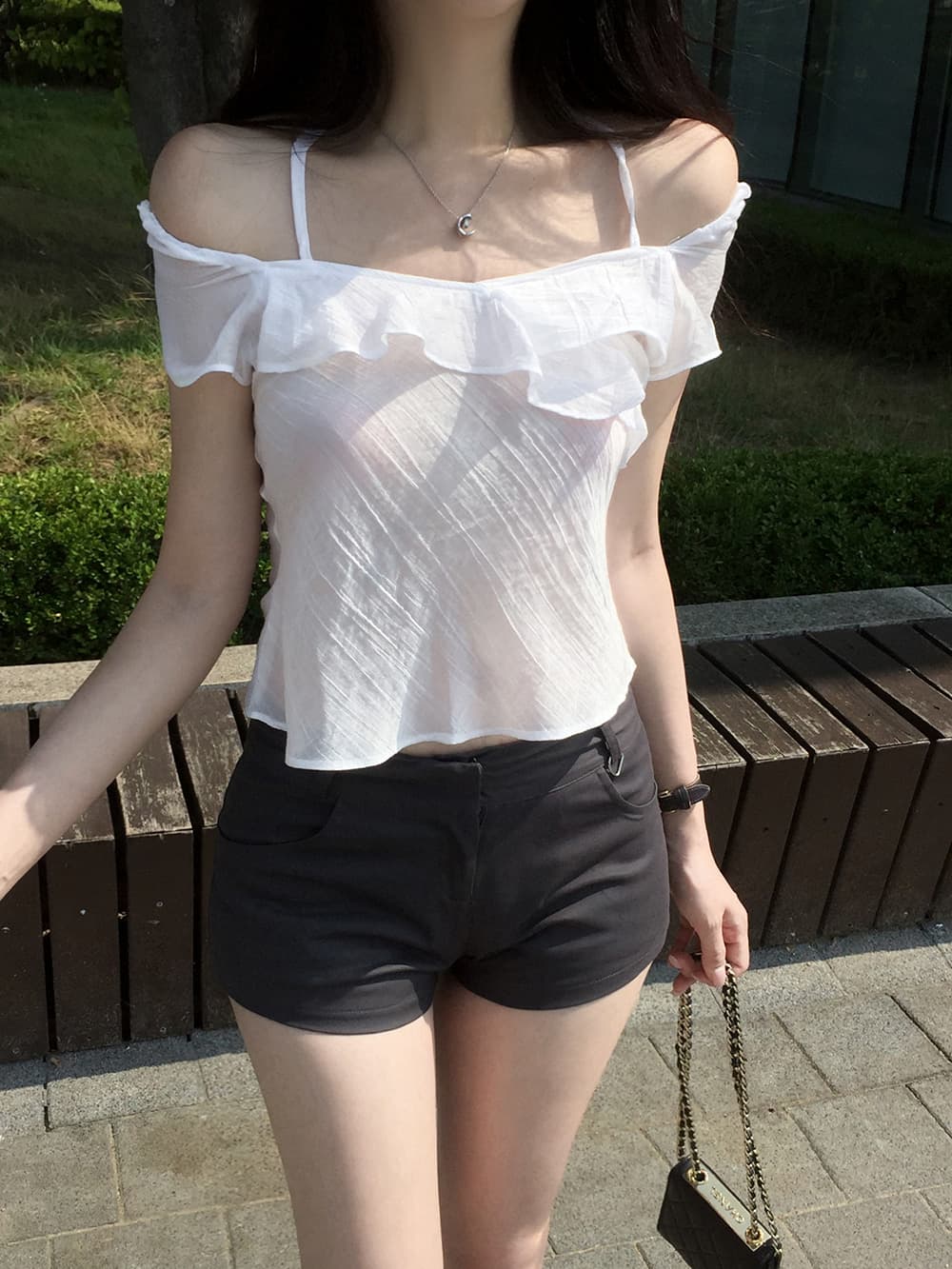 한 부서 동대문 오프숄더 행침 목 프릴 쇼트 스타일 품격 몸매 가꾸기 쉬폰 톱 상세 이미지 9
