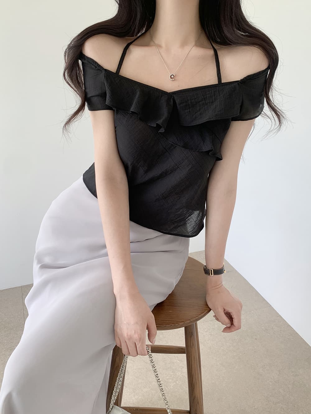 한 부서 동대문 오프숄더 행침 목 프릴 쇼트 스타일 품격 몸매 가꾸기 쉬폰 톱 상세 이미지 16
