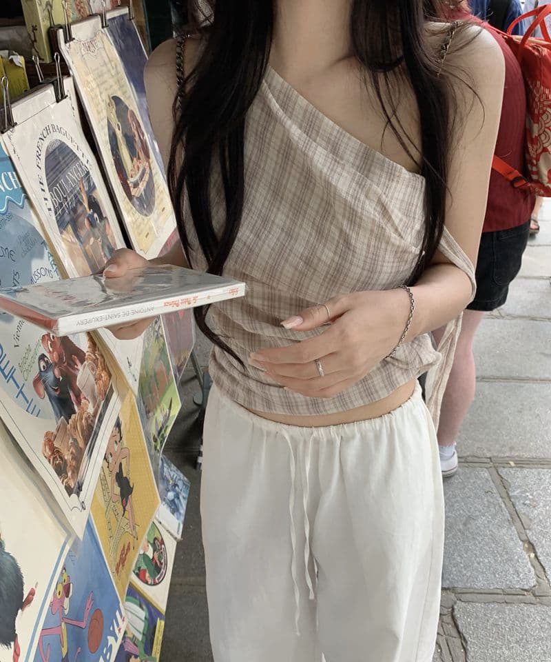 한 부서 레트로 체크무늬 비스듬한 어깨 캐미솔 리본 펌프 로프 허리 수축 쇼트 스타일 순수한 욕망 오프숄더 맨위
