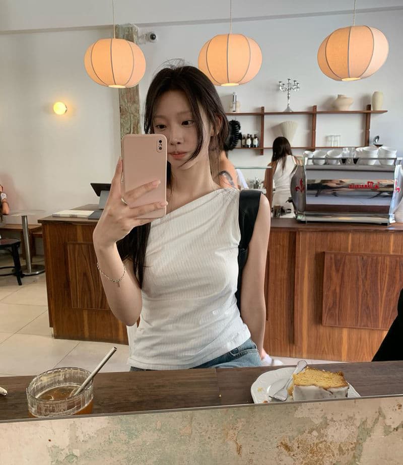 한 부서 레트로 체크무늬 비스듬한 어깨 캐미솔 리본 펌프 로프 허리 수축 쇼트 스타일 순수한 욕망 오프숄더 맨위 이미지 4