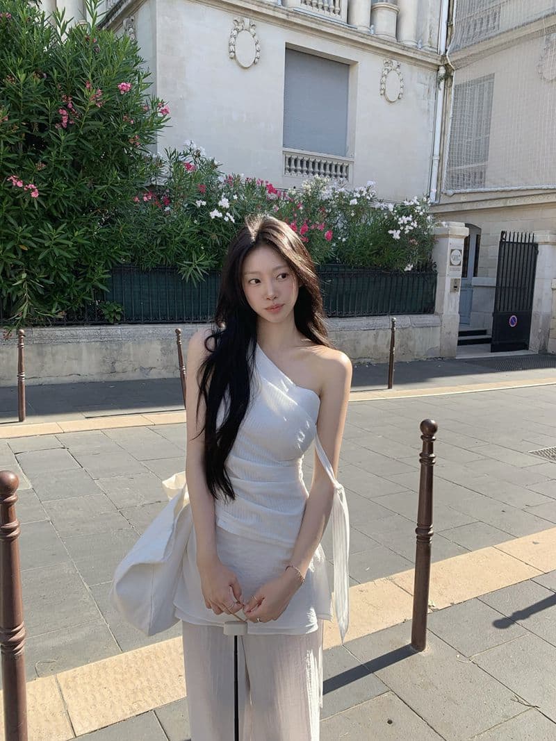 한 부서 레트로 체크무늬 비스듬한 어깨 캐미솔 리본 펌프 로프 허리 수축 쇼트 스타일 순수한 욕망 오프숄더 맨위 상세 이미지 7