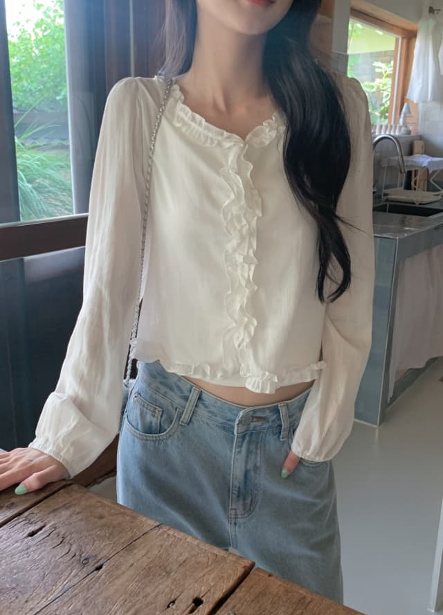 한 부서 부드러운 프릴 긴팔 셔츠 거품 소매 허리 수축 쇼트 스타일 품격 작은 셔츠 맨위 이미지 2