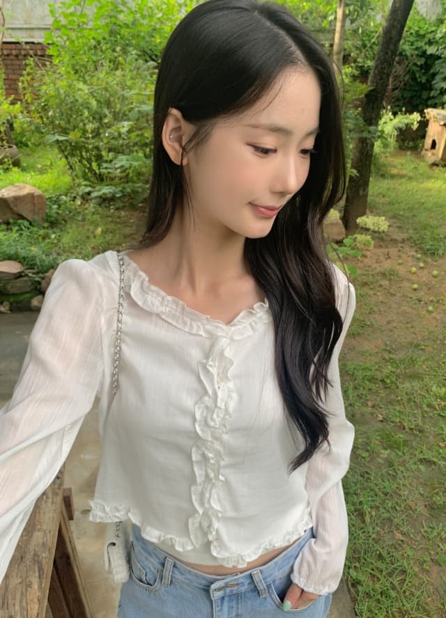 한 부서 부드러운 프릴 긴팔 셔츠 거품 소매 허리 수축 쇼트 스타일 품격 작은 셔츠 맨위 상세 이미지 14