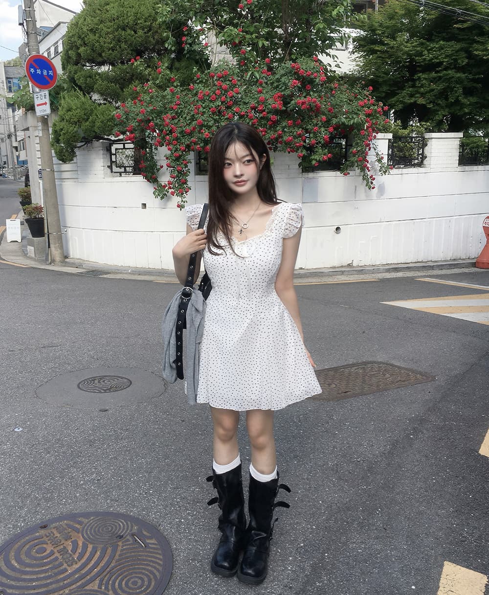 한 부서 레이스 레이스 도트 무늬 작은 검은 드레스 프릴 작은 키 쇼트 스타일 드레스 상세 이미지 1