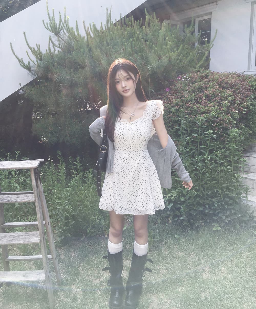 한 부서 레이스 레이스 도트 무늬 작은 검은 드레스 프릴 작은 키 쇼트 스타일 드레스 상세 이미지 5