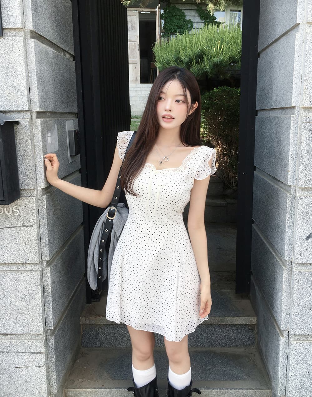 한 부서 레이스 레이스 도트 무늬 작은 검은 드레스 프릴 작은 키 쇼트 스타일 드레스 상세 이미지 8