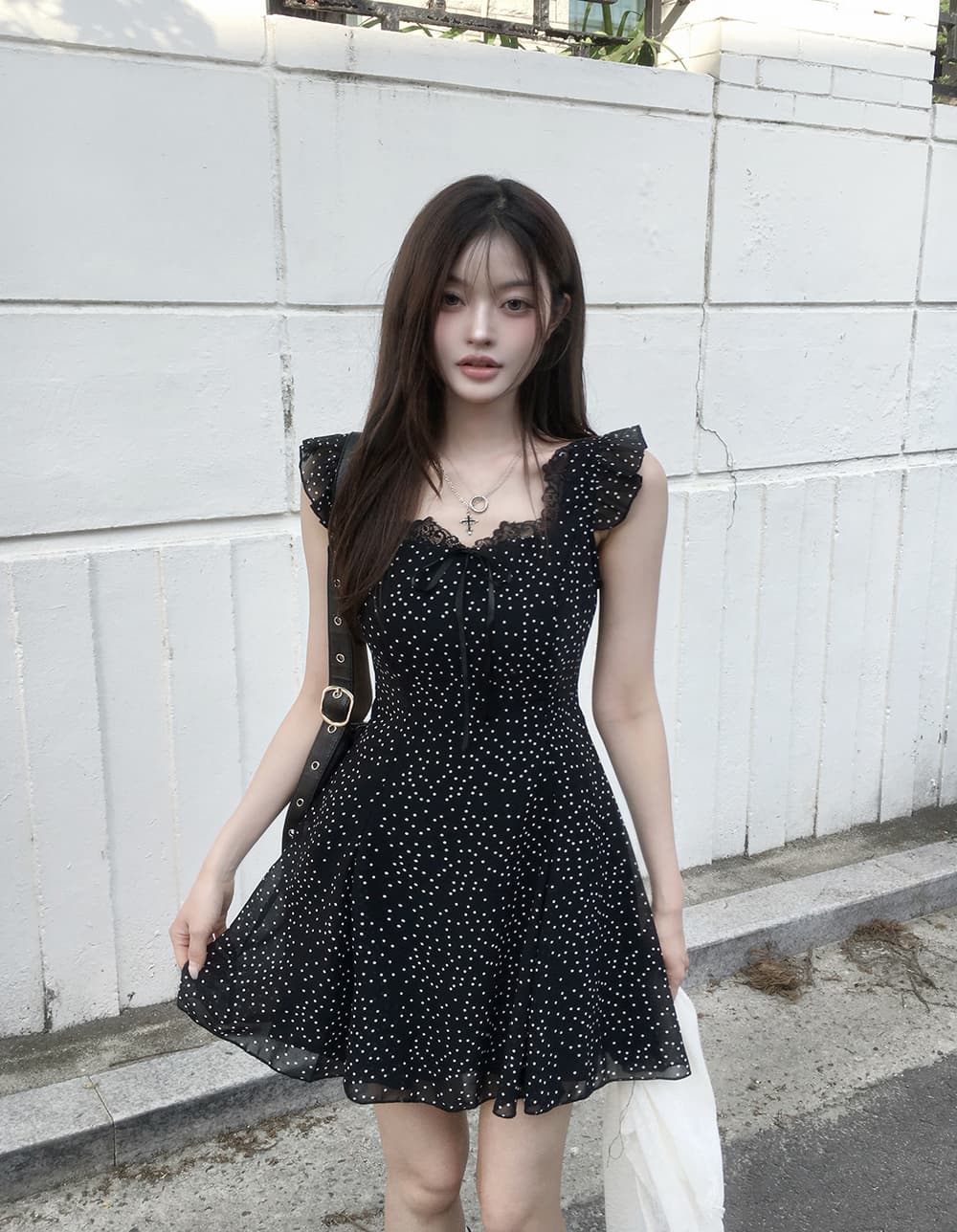 한 부서 레이스 레이스 도트 무늬 작은 검은 드레스 프릴 작은 키 쇼트 스타일 드레스 상세 이미지 12