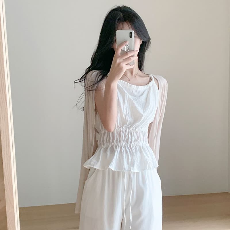 한 부서 주름 허리 수축 캐미솔 허리 연꽃 잎 밑단 질감 센스 인사이드 잡아라. 의류 이미지 2