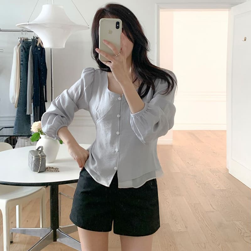 한 부서 프랑스식 V넥 품격 패치워크 밑단 셔츠 레이스업 허리 외국 가스 다용도 셔츠 맨위 이미지 5