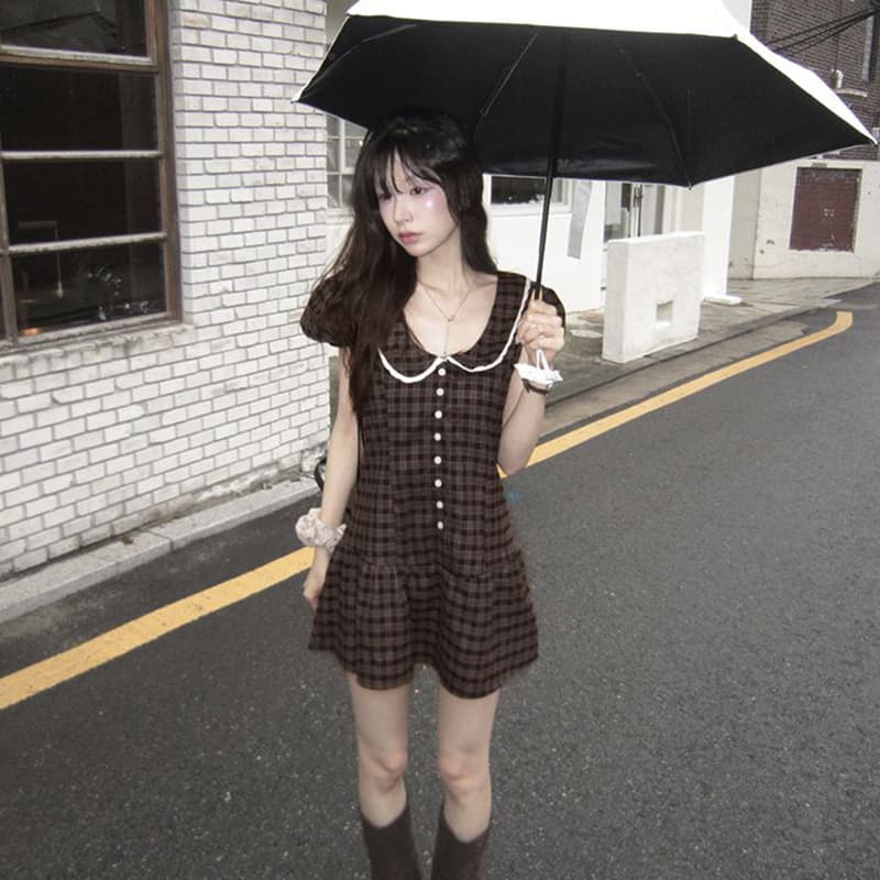한 부서 레트로 체크무늬 거품 소매 드레스 레이스 레이스 u 칼라 허리 수축 플리츠 미니 스커트 이미지 5