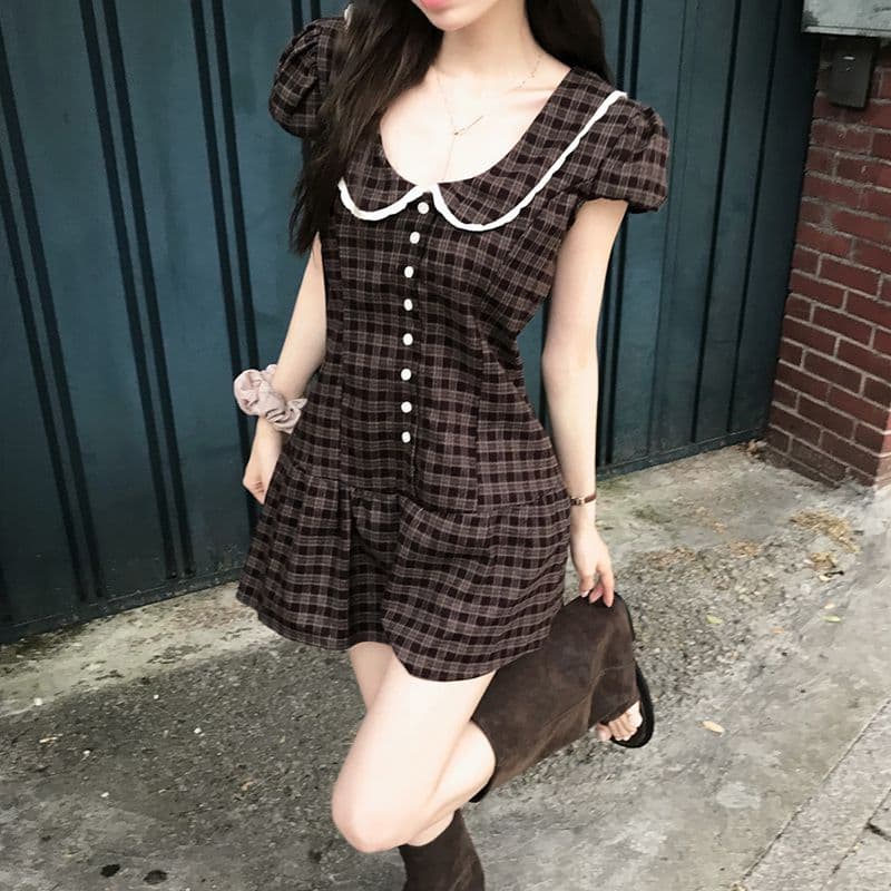 한 부서 레트로 체크무늬 거품 소매 드레스 레이스 레이스 u 칼라 허리 수축 플리츠 미니 스커트 상세 이미지 4