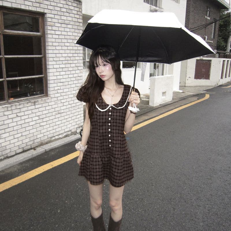 한 부서 레트로 체크무늬 거품 소매 드레스 레이스 레이스 u 칼라 허리 수축 플리츠 미니 스커트 상세 이미지 5