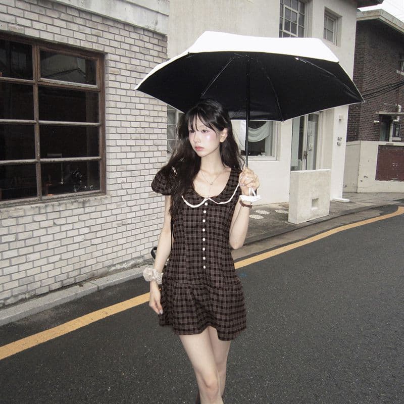 한 부서 레트로 체크무늬 거품 소매 드레스 레이스 레이스 u 칼라 허리 수축 플리츠 미니 스커트 상세 이미지 9
