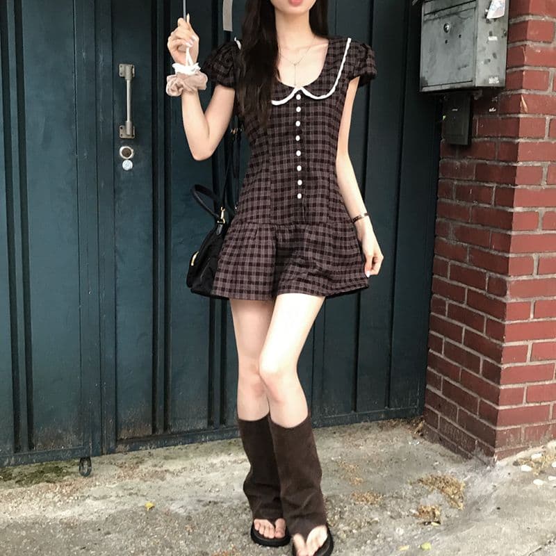 한 부서 레트로 체크무늬 거품 소매 드레스 레이스 레이스 u 칼라 허리 수축 플리츠 미니 스커트 상세 이미지 11