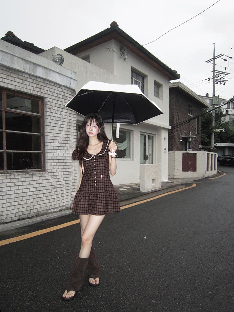 한 부서 레트로 체크무늬 거품 소매 드레스 레이스 레이스 u 칼라 허리 수축 플리츠 미니 스커트 상세 이미지 12