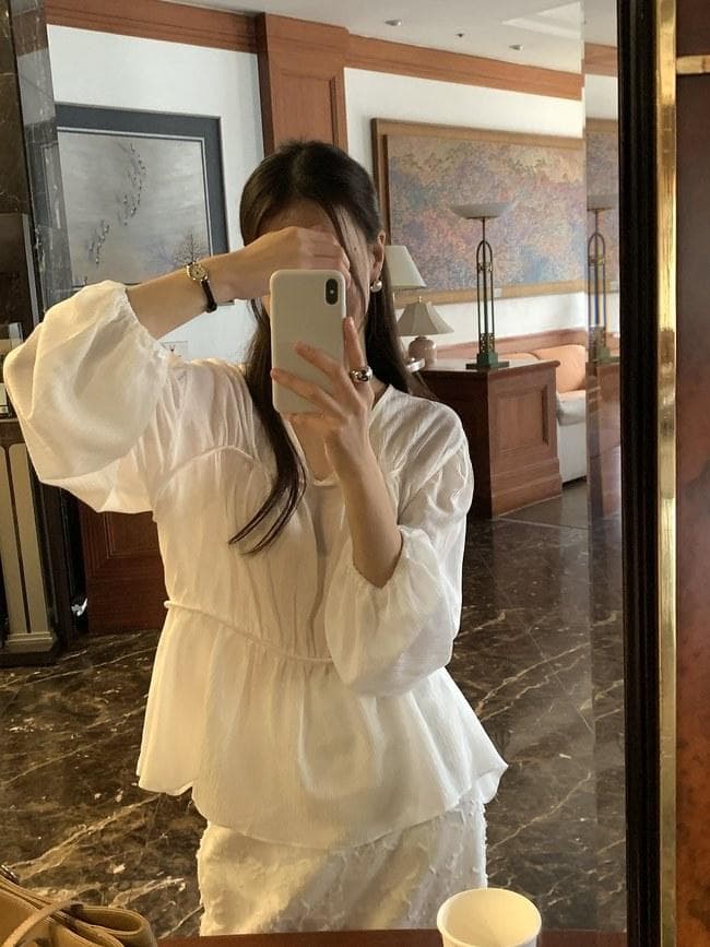한 부서 chic 부드러운 V넥 펌프 Pleat 벌룬 소매 맨위 프릴 요정 가스 쉬폰 작은 셔츠 상세 이미지 2