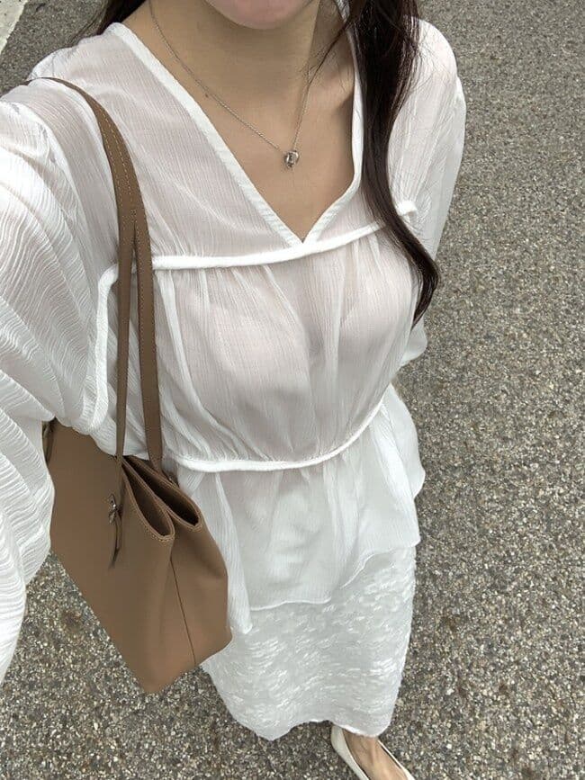 한 부서 chic 부드러운 V넥 펌프 Pleat 벌룬 소매 맨위 프릴 요정 가스 쉬폰 작은 셔츠 상세 이미지 5