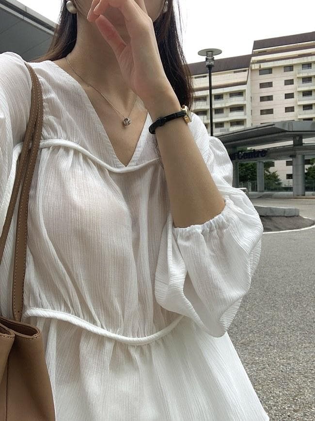 한 부서 chic 부드러운 V넥 펌프 Pleat 벌룬 소매 맨위 프릴 요정 가스 쉬폰 작은 셔츠 상세 이미지 10