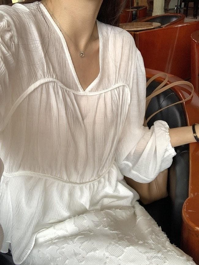 한 부서 chic 부드러운 V넥 펌프 Pleat 벌룬 소매 맨위 프릴 요정 가스 쉬폰 작은 셔츠 상세 이미지 11