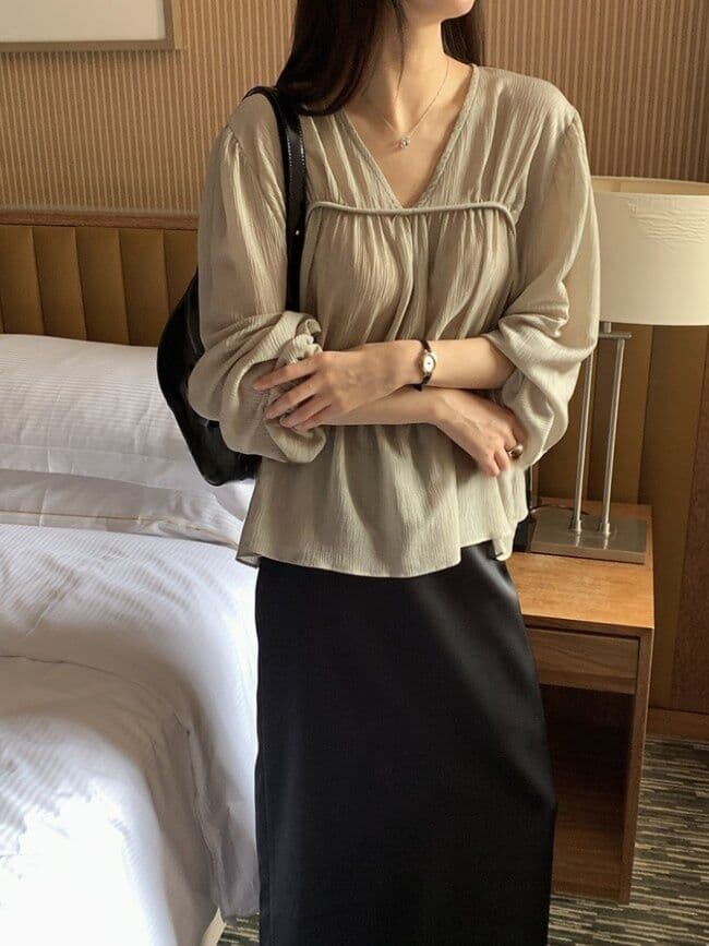 한 부서 chic 부드러운 V넥 펌프 Pleat 벌룬 소매 맨위 프릴 요정 가스 쉬폰 작은 셔츠 상세 이미지 13