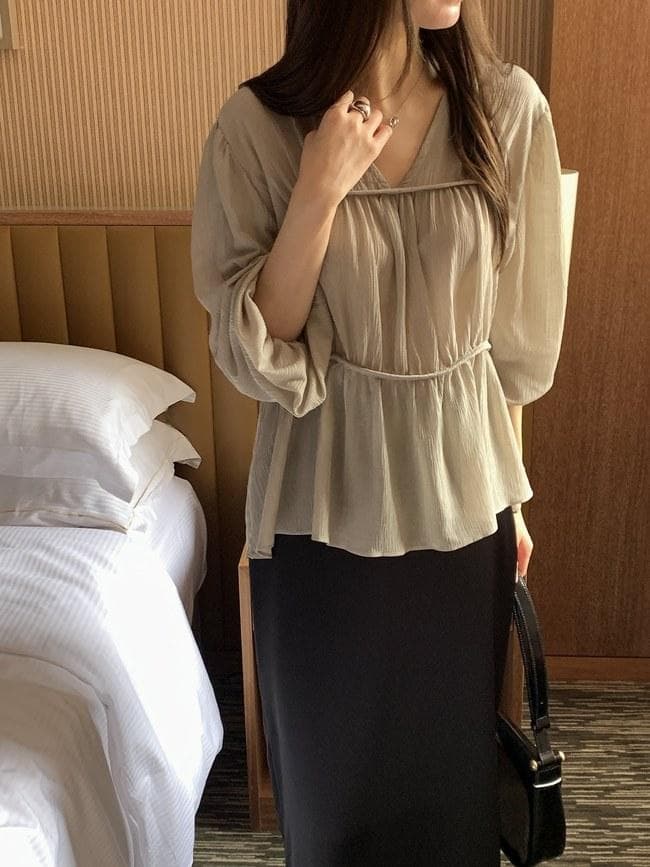 한 부서 chic 부드러운 V넥 펌프 Pleat 벌룬 소매 맨위 프릴 요정 가스 쉬폰 작은 셔츠 상세 이미지 14