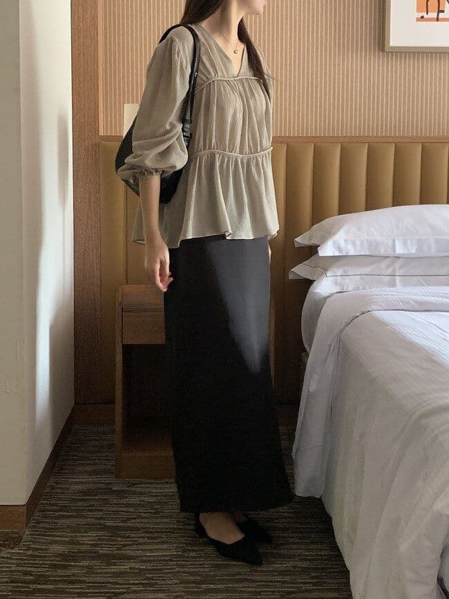 한 부서 chic 부드러운 V넥 펌프 Pleat 벌룬 소매 맨위 프릴 요정 가스 쉬폰 작은 셔츠 상세 이미지 16