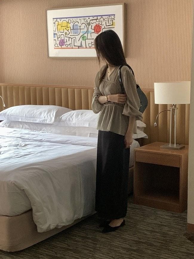 한 부서 chic 부드러운 V넥 펌프 Pleat 벌룬 소매 맨위 프릴 요정 가스 쉬폰 작은 셔츠 상세 이미지 19