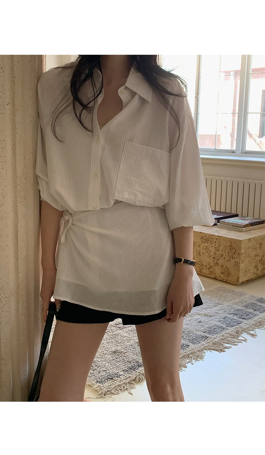 한 부서 스트라이프 허리 수축 셔츠 디자인 센스 작은 대중 레이스업 불규칙 긴팔 셔츠 맨위 상세 이미지 3
