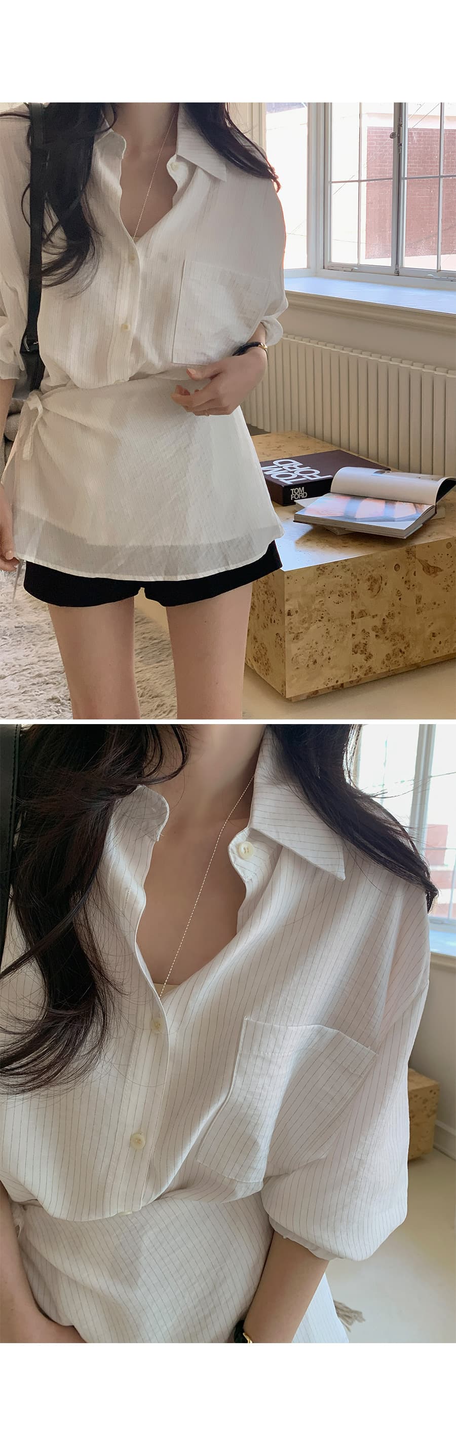 한 부서 스트라이프 허리 수축 셔츠 디자인 센스 작은 대중 레이스업 불규칙 긴팔 셔츠 맨위 상세 이미지 6