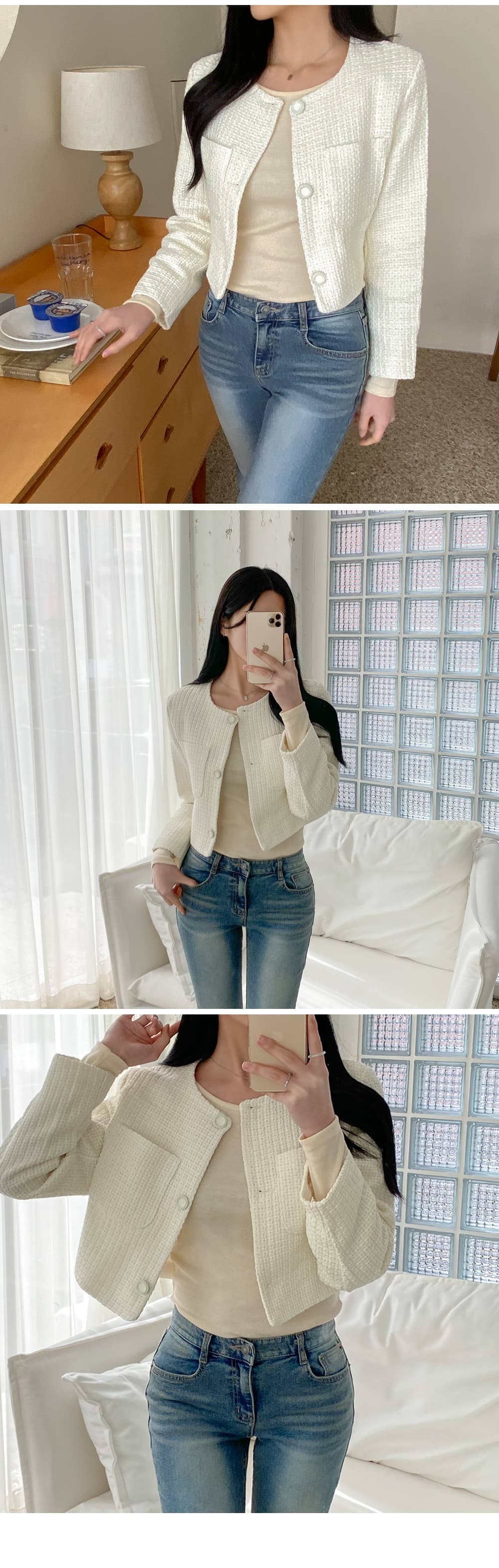 한국 chic 작은 샤넬 스타일 쇼트 스타일 재킷 라운드 넥 주머니 트위드 작은 키 부드러운 오픈 가디건 맨위 상세 이미지 7