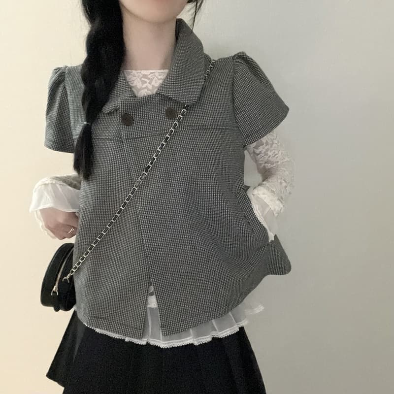 한 부서 이른 가을 레트로 하운드투스 체크 짧은 외투 베이비 칼라 학원 스타일 작은 키 스택 착용 외부 잡아라. 의류 상세 이미지 2