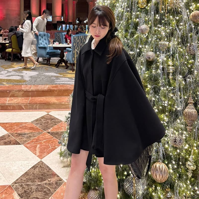 한 부서 레트로 품격 망토 모직 외투 루즈핏 레이스업 배트윙 소매 모직 코트 이미지 4