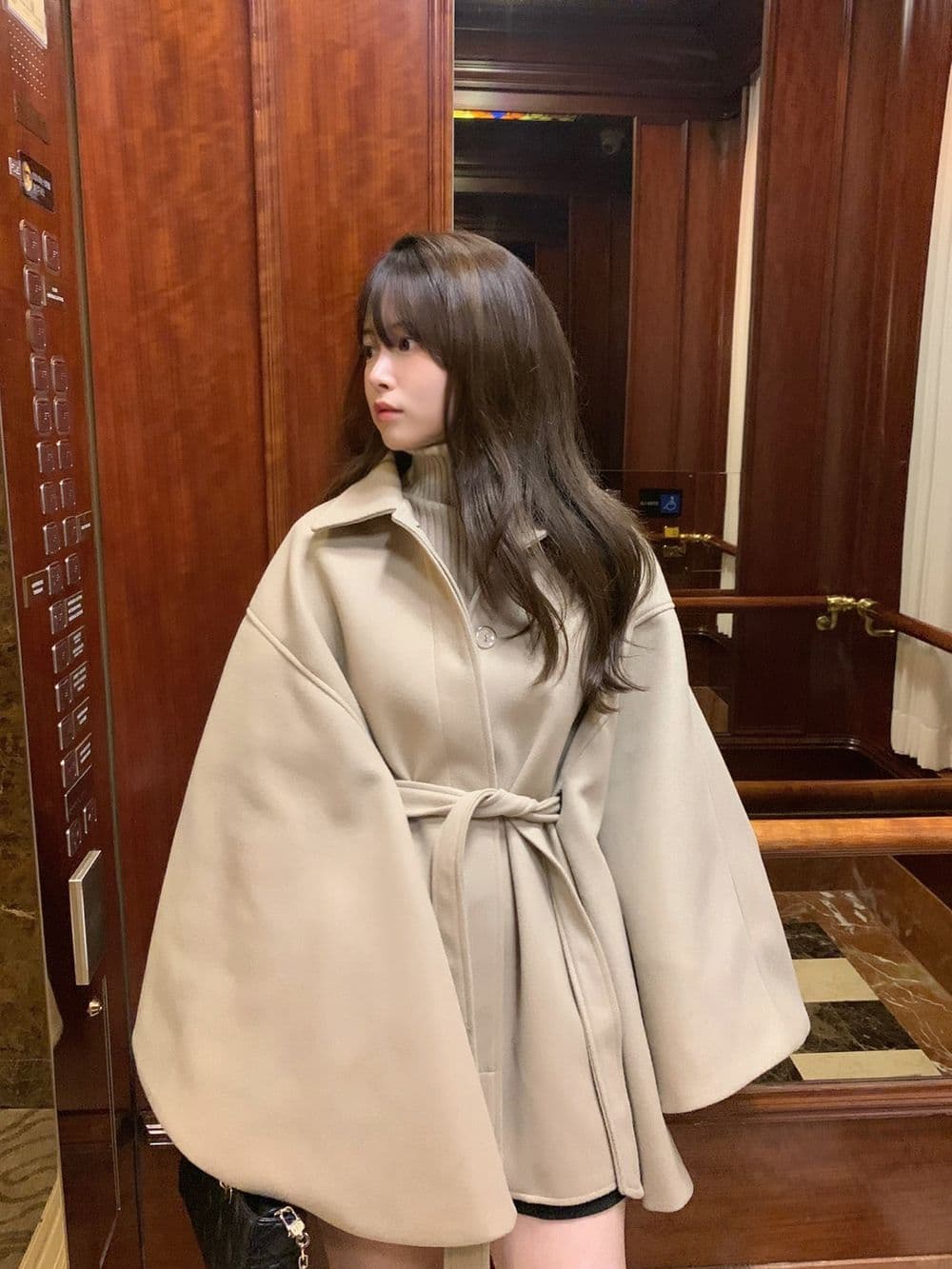 한 부서 레트로 품격 망토 모직 외투 루즈핏 레이스업 배트윙 소매 모직 코트 상세 이미지 11