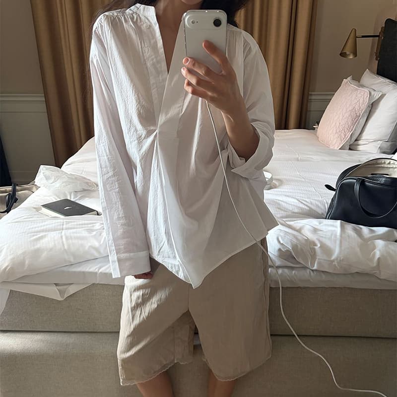 한국 chic 스탠드 칼라 풀오버 셔츠 미니멀리즘 루즈핏 가을 어깨 소매 느긋한 품격 맨위 이미지 5
