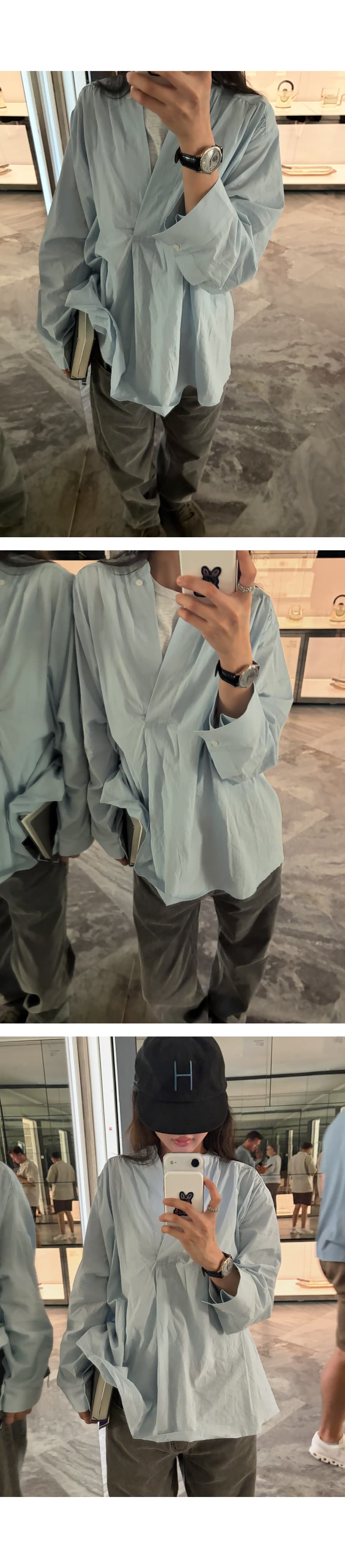 한국 chic 스탠드 칼라 풀오버 셔츠 미니멀리즘 루즈핏 가을 어깨 소매 느긋한 품격 맨위 상세 이미지 4