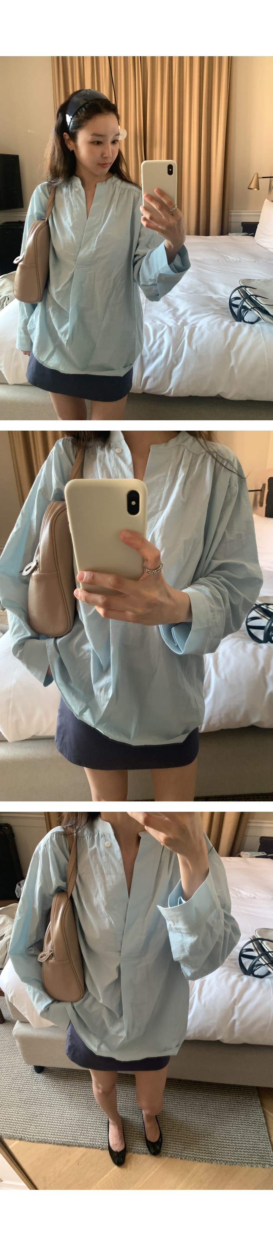 한국 chic 스탠드 칼라 풀오버 셔츠 미니멀리즘 루즈핏 가을 어깨 소매 느긋한 품격 맨위 상세 이미지 5