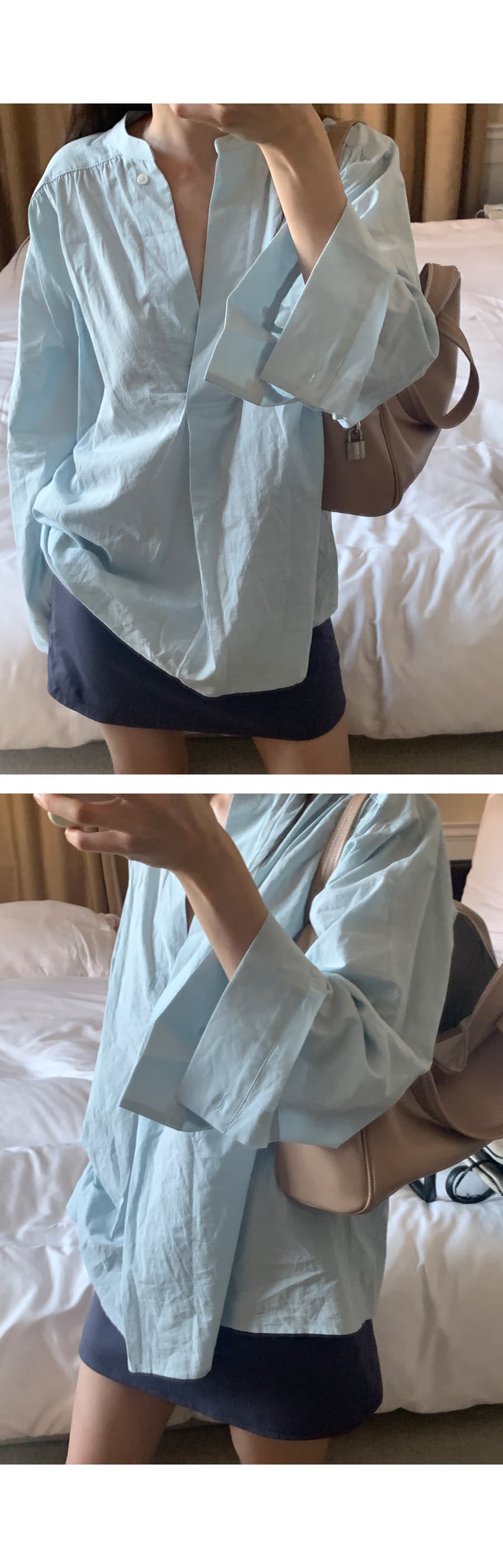 한국 chic 스탠드 칼라 풀오버 셔츠 미니멀리즘 루즈핏 가을 어깨 소매 느긋한 품격 맨위 상세 이미지 9