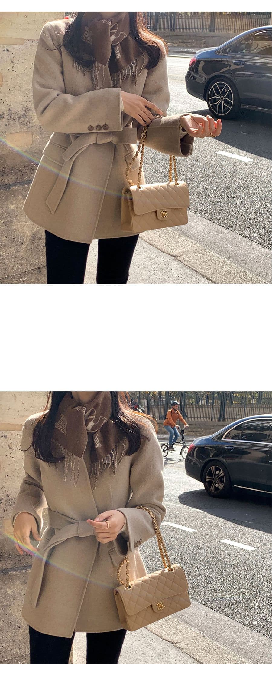 한국 V넥 레이스업 작은 키 모직 코트 미니멀리즘 품격 부드러운 모직 외투 상세 이미지 4