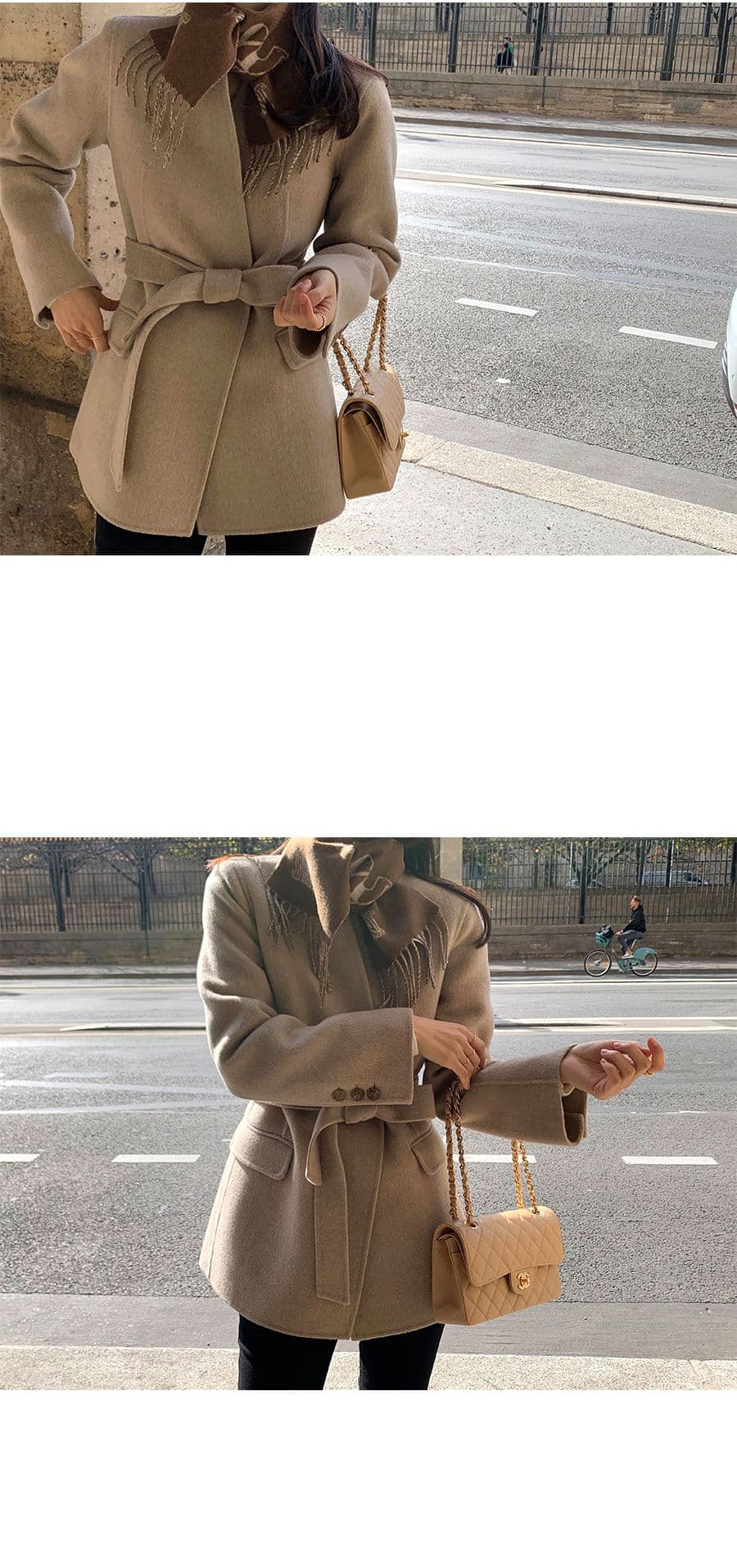 한국 V넥 레이스업 작은 키 모직 코트 미니멀리즘 품격 부드러운 모직 외투 상세 이미지 7