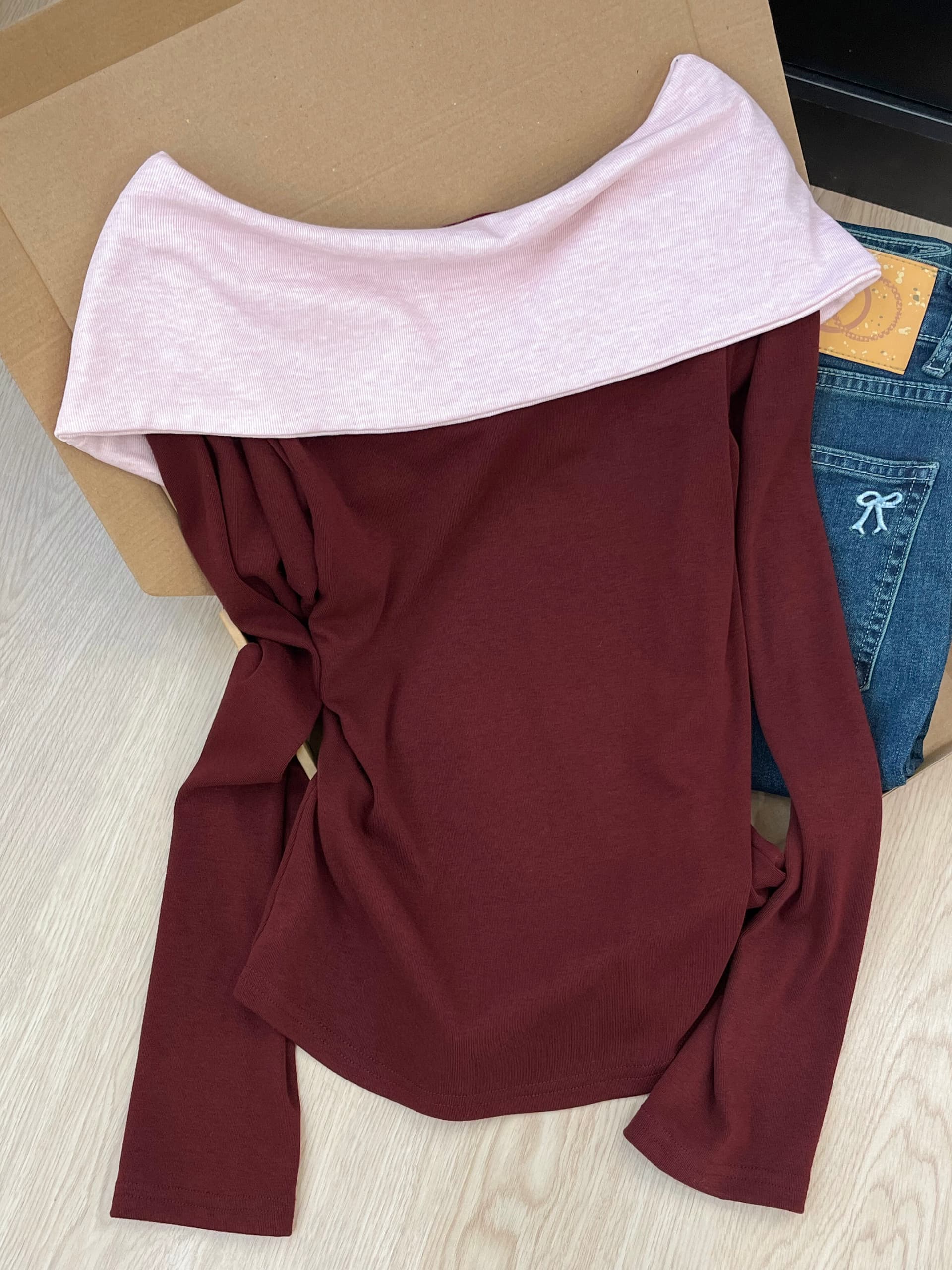 실사 가을 겨울 작은 대중 디자인 센스 품격 맨위 한 부서 chic Chic 외국 가스 연령 감소 오프숄더 티셔츠 상세 이미지 8