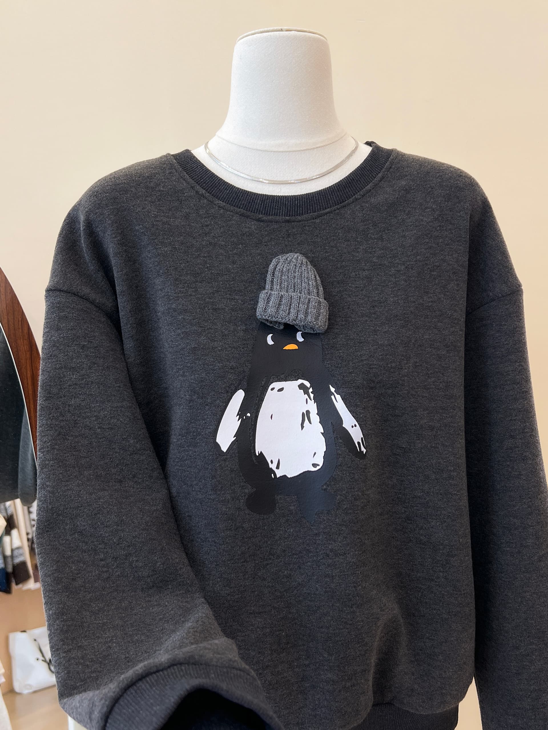 실사 루즈핏 느긋한 바람 아메리칸 레트로 털이 있고 두꺼운 어두운 회색 펭귄 프린트 라운드 넥 후드티 여성 겨울 상세 이미지 10