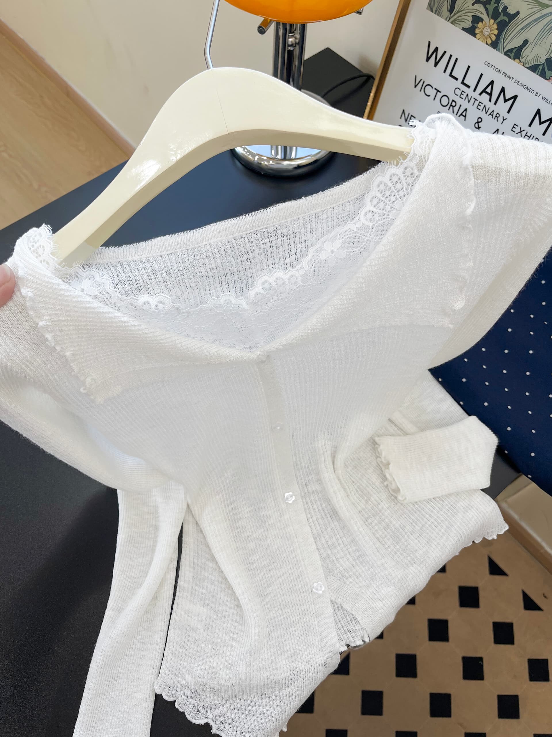 실사 한 부서 부드러운 바람 레이스 폴로 칼라 니트 오픈 가디건 여성 봄 얇은 스타일 구덩이 기사 긴팔 슬림해 보이는 맨위 상세 이미지 8