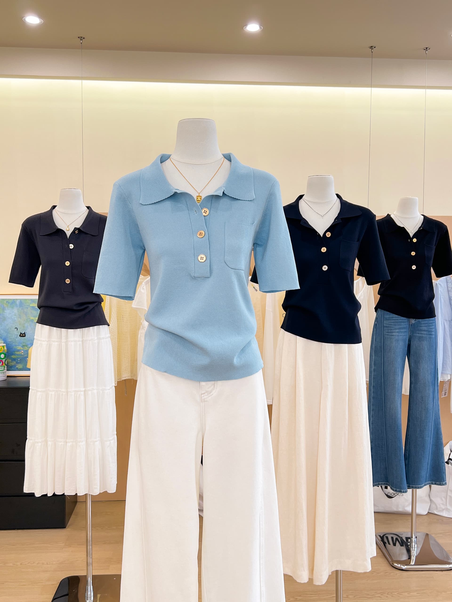 실사 프랑스식 POLO 칼라 파란색 니트 반팔 티셔츠 여성 여름 고급 센스 품격 몸매 가꾸기 슬림해 보이는 맨위 상세 이미지 6