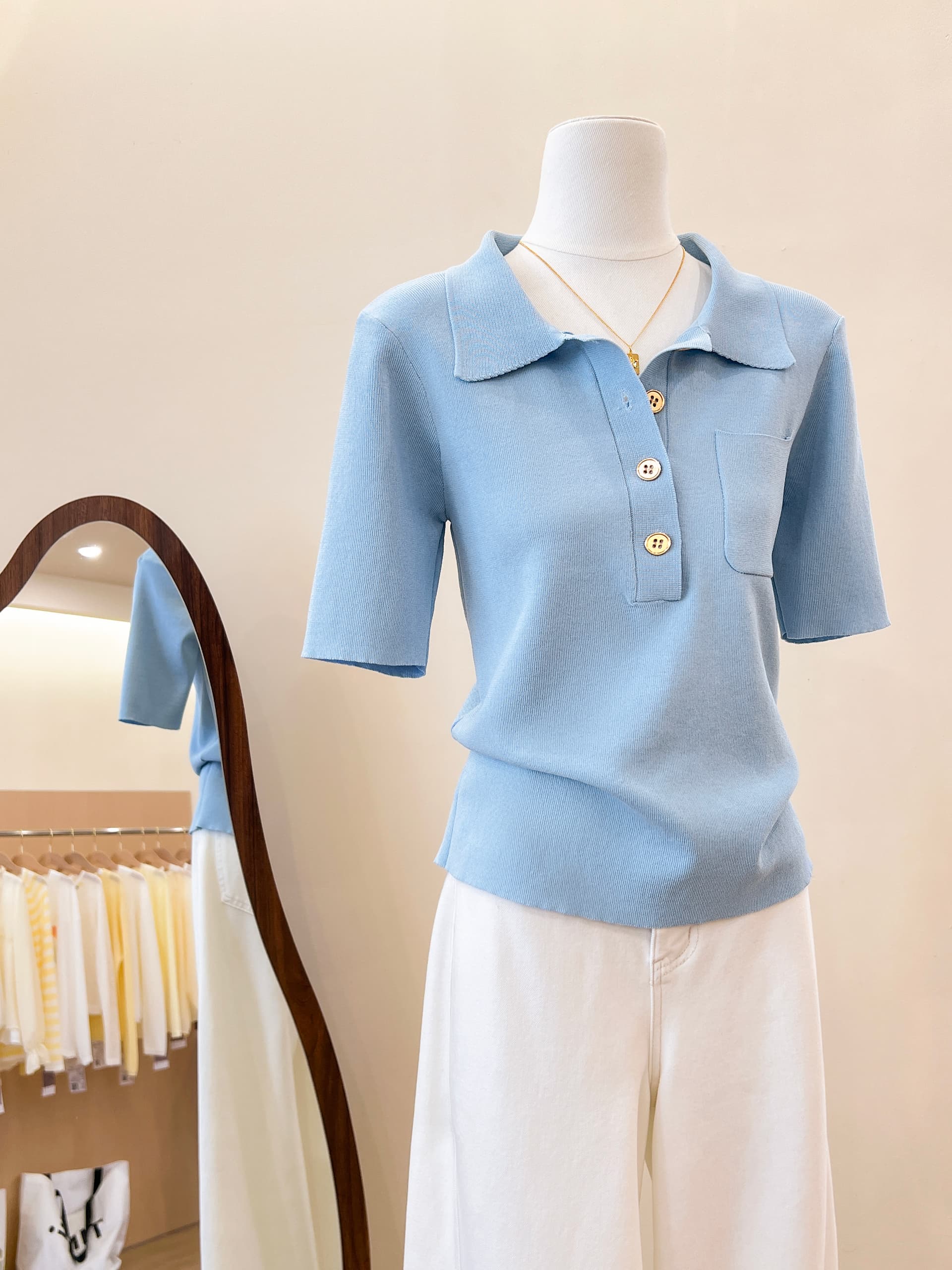 실사 프랑스식 POLO 칼라 파란색 니트 반팔 티셔츠 여성 여름 고급 센스 품격 몸매 가꾸기 슬림해 보이는 맨위 상세 이미지 7