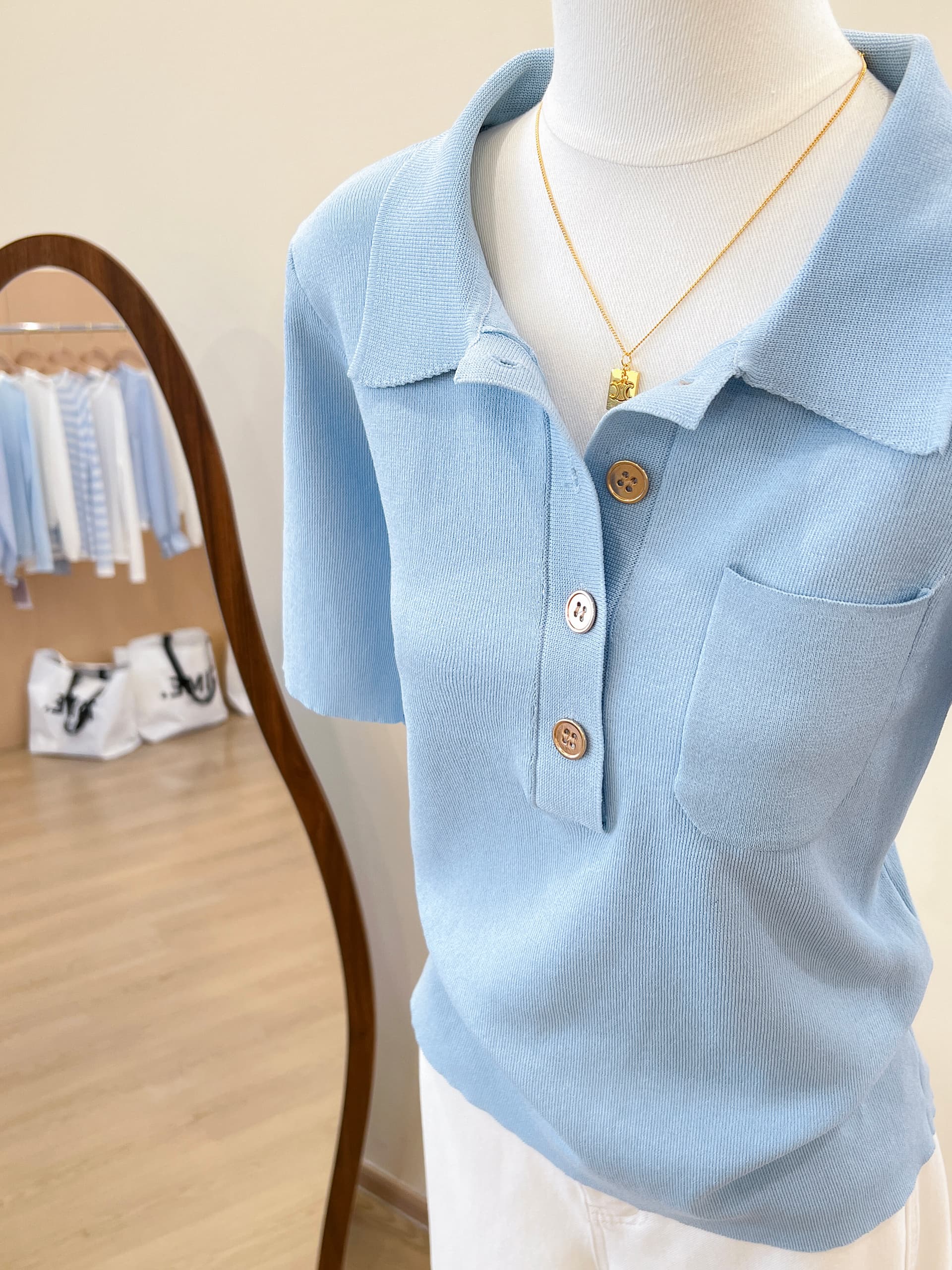 실사 프랑스식 POLO 칼라 파란색 니트 반팔 티셔츠 여성 여름 고급 센스 품격 몸매 가꾸기 슬림해 보이는 맨위 상세 이미지 8