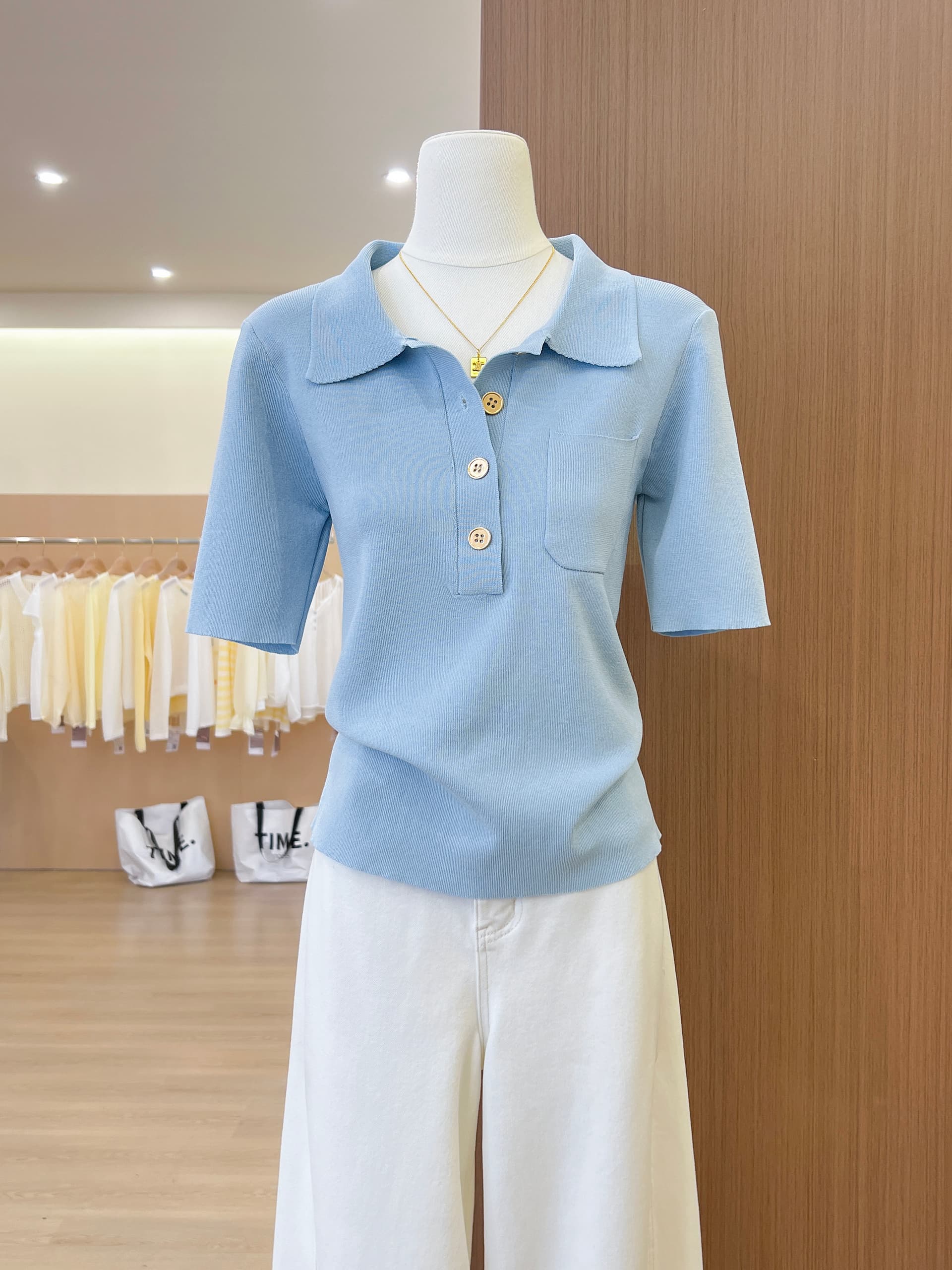 실사 프랑스식 POLO 칼라 파란색 니트 반팔 티셔츠 여성 여름 고급 센스 품격 몸매 가꾸기 슬림해 보이는 맨위 상세 이미지 9