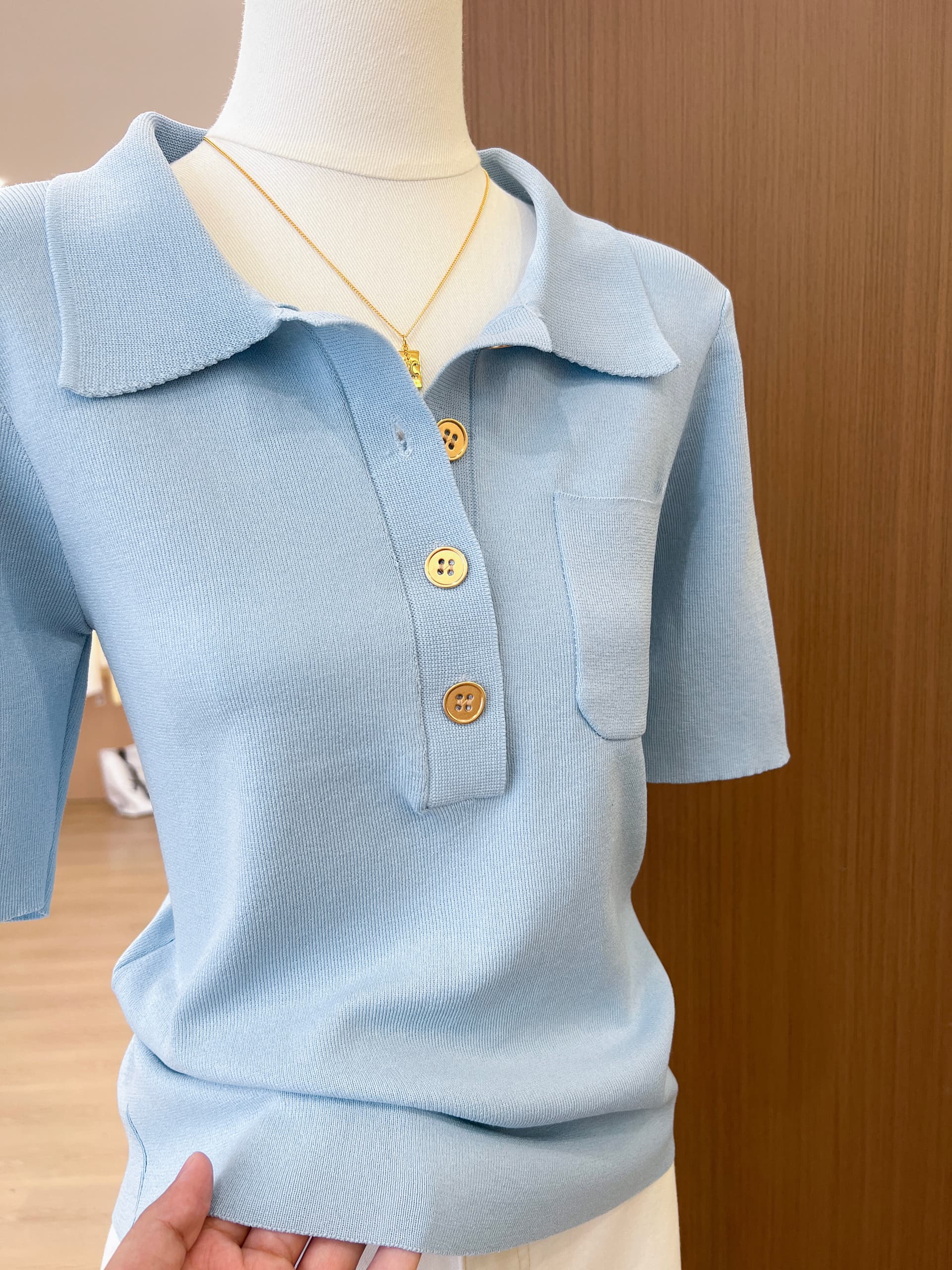실사 프랑스식 POLO 칼라 파란색 니트 반팔 티셔츠 여성 여름 고급 센스 품격 몸매 가꾸기 슬림해 보이는 맨위 상세 이미지 12