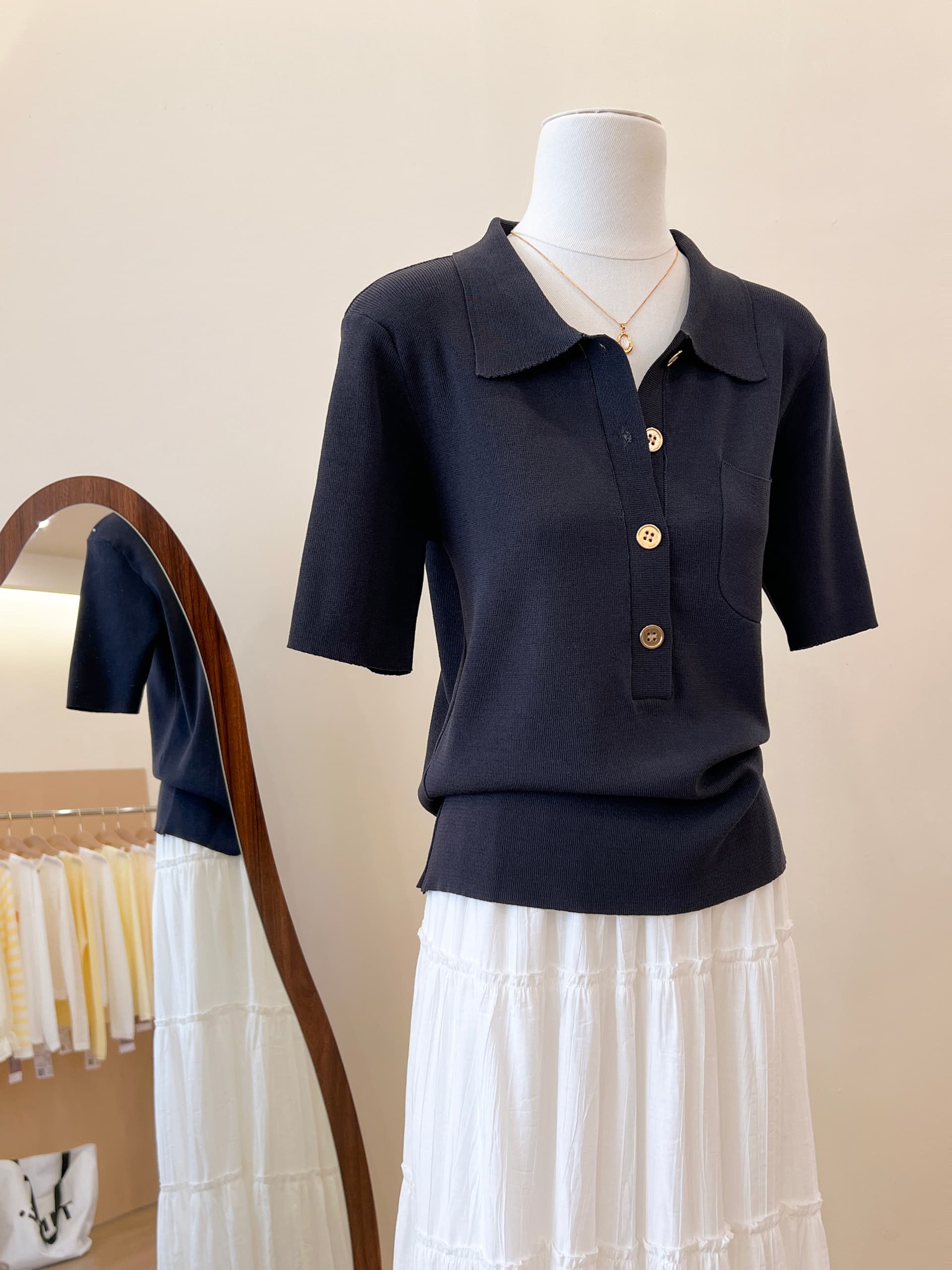 실사 프랑스식 POLO 칼라 파란색 니트 반팔 티셔츠 여성 여름 고급 센스 품격 몸매 가꾸기 슬림해 보이는 맨위 상세 이미지 15